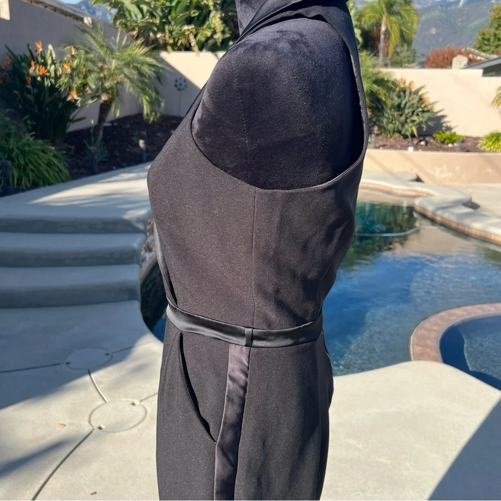 XOXO Black Tuxedo Jumpsuit Satin Lapel Sleeveless Evening Chic - Picture 9 of 17